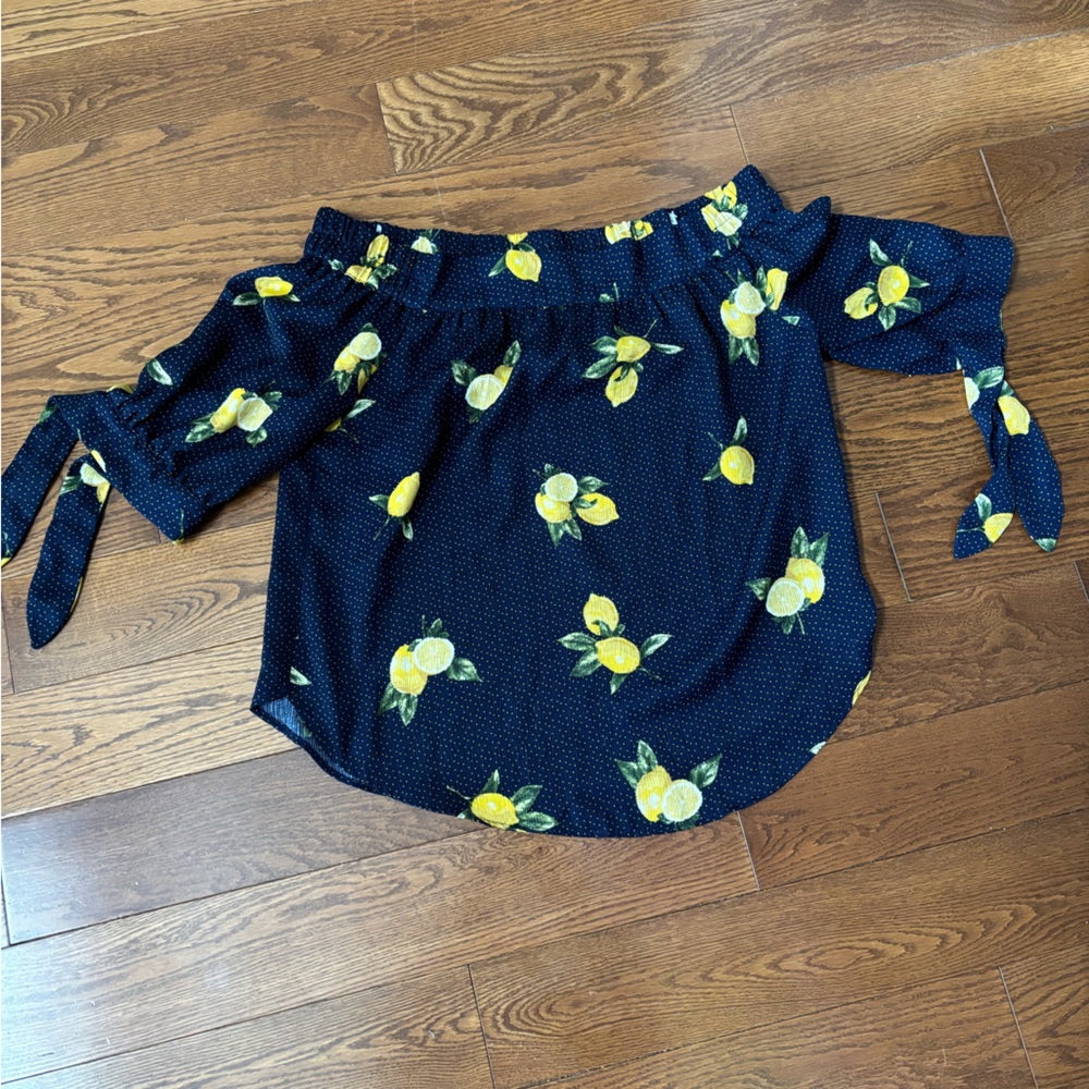 Navy Off the Shoulder Top with Lemon Print Tie Sleeves